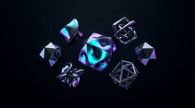 Abstract geometric shapes with iridescent metallic finish on dark background