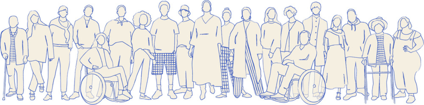 Different people stand side by side together. 