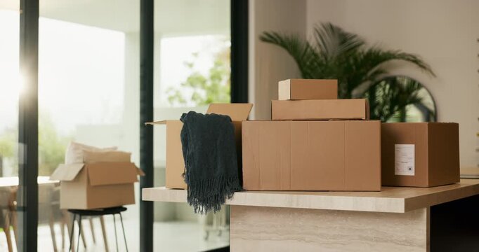 Empty, room or packing boxes with moving for property relocation, expired lease or rental apartment. Real estate, vacate and cardboard packages with home items for eviction, migration and fresh start