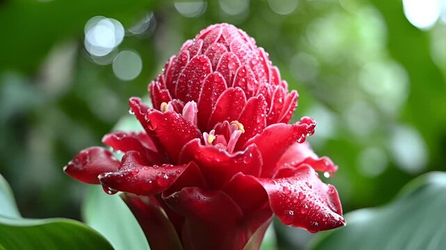 Closeup of a vibrant red Etlingera elatior flower with water droplets 1.