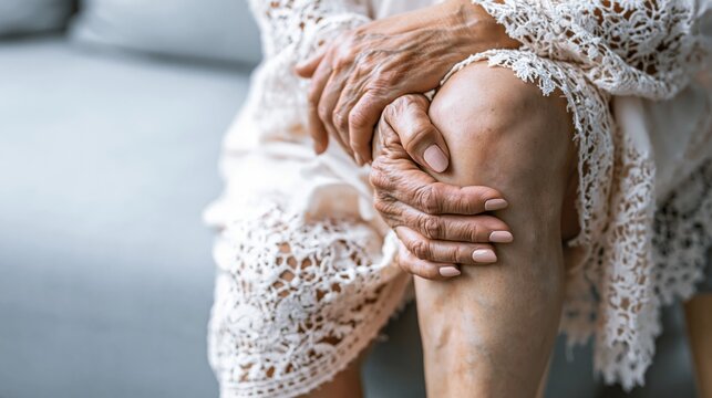 Senior woman with varicose veins holding painful knee joint