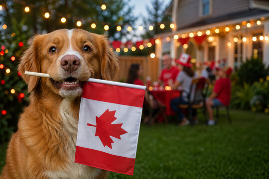 Canada Day celebration concept with dog holding flag at family evening party.