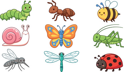 Cute Cartoon Insect and Bug Character Icon Set Featuring Butterfly Bee Caterpillar Ladybug Ant and Snail Symbols for Children Educational Designs © Sahabib