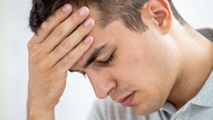 Fototapeta premium A young man holds his forehead with a distressed expression, indicating stress, worry, or headache.
