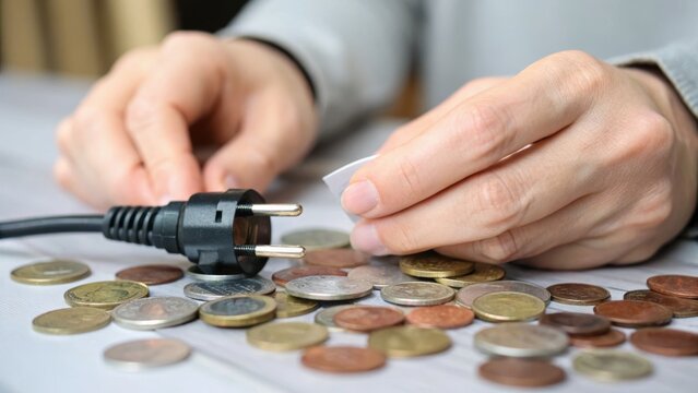 Hands holding an electrical plug over a table covered with various coins, symbolizing the cost of electricity or energy expenses.