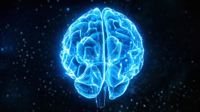 Artificial intelligence digital brain slowly rotating with glowing neural connections and pulsing blue light particles