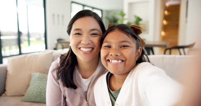 Face, mom and child with laughing selfie on sofa for family memory, bonding together or support. Love, happy mother and girl with photo in home for connection, funny social media post or relationship
