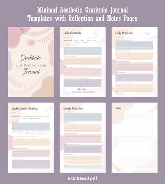 Minimal Aesthetic editable Gratitude Journal
templates with reflection and notes pages 6x9 with bleed for kdp publishing or print.