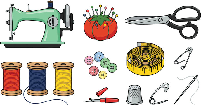 Sewing and Tailoring Collection Vector Illustration Featuring Sewing Machine Scissors Measuring Tape Thread and Needlework Tools
