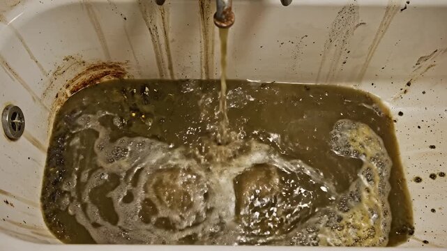 Dirty bathtub water flowing from faucet into a clogged drain.