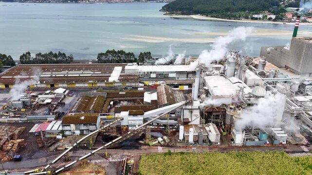 Aerial view of industrial pulp mill factory pollution