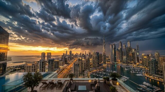 Dubai skyline rooftop terrace overlooking the glittering marina and Burj Khalifa under a dramatic sunset sky