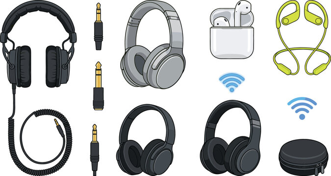 Headphones and Earbuds Collection Vector Illustration Featuring Wireless Headsets Audio Cables and Bluetooth Earphones