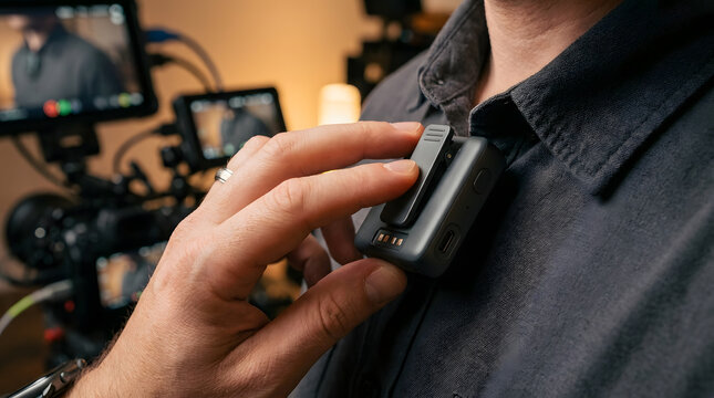 Wireless microphone setup for interview | Attaching lavalier mic to shirt | Video production audio equipment | Content creator vlogging gear | Professional sound recording on set