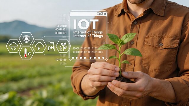 Smart agriculture IoT concept with sensor monitoring plant growth, soil pH, temperature, weather data, sustainable farming technology, digital interface overlay, eco-friendly food