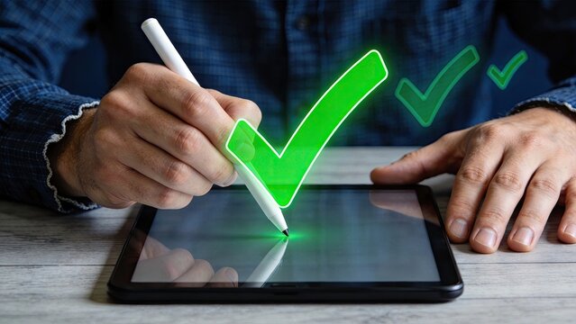Digital approval checkmark on tablet screen, positive feedback and confirmation concept for online verification and successful transaction