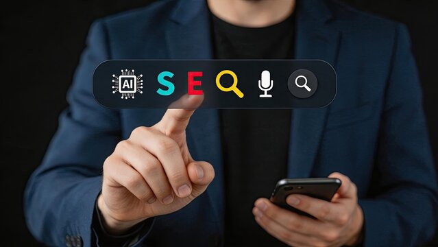 Digital marketing professional optimizing search engine results with AI technology, SEO strategy and voice search optimization for online business growth