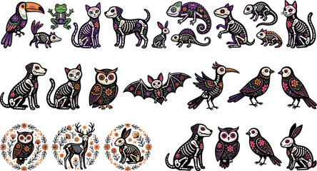 Fototapeta premium Decorative Skeleton Animal Collection Featuring Floral Gothic Owl Cat Dog Bird and Rabbit Characters in Boho Cartoon Vector Illustration Style