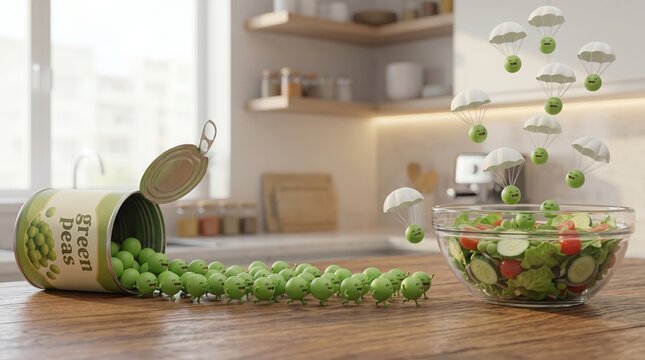 Funny green peas attacking salad, cartoon style, cooking, salad preparation, vegetables, kitchen, humor, healthy food, parachuting peas, fresh, diet, nutrition, creative, fun, recipe.