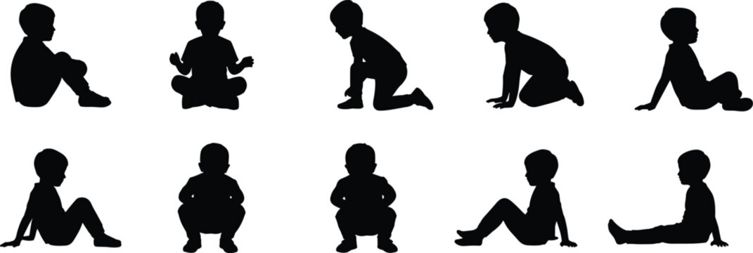 Baby Sitting and Crawling Silhouette Collection Featuring Infant Development Poses, Childhood Growth and Newborn Activity Illustration Set