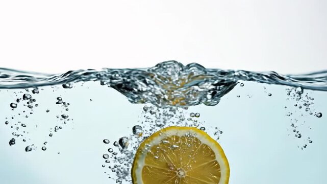 A single yellow lemon slice falling into clear water creating a splash and ripples on the surface against a white background, concept of freshness and healthy hydration.