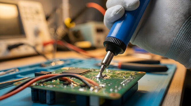 Professional electronics repair service | Using desoldering pump on circuit board | Technician repairing PCB assembly | Close up of micro soldering process