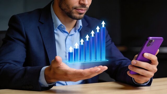 Man viewing holographic bar chart showing growth trend on mobile phone screen, financial analytics and stock market data visualization concept for investment success and economic
