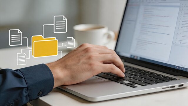 Close up of hand typing on laptop keyboard with digital folder and document file management overlay icons illustrating office organization and data storage workflow process.