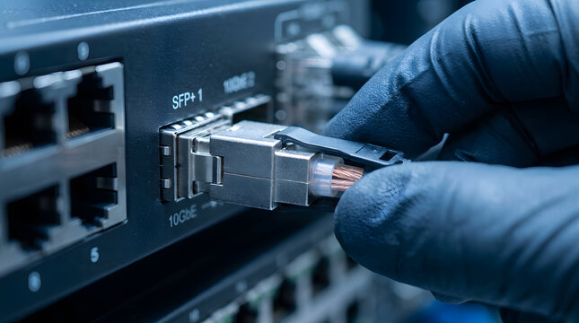 Data center technician connecting SFP+ 10GbE cable | Network engineer installing DAC cable in server switch | High speed fiber optic internet connection maintenance | IT infrastructure