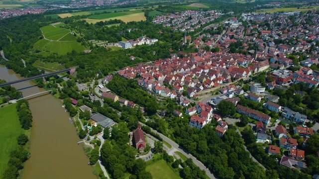 Aerial view of the old part of the town in Marbach am Neckar in Germany. On sunny day in spring.
