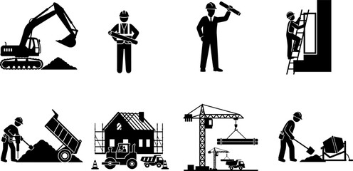 Construction worker and machinery silhouettes with excavation crane building transport and industrial engineering development activity illustration collection © uzzala