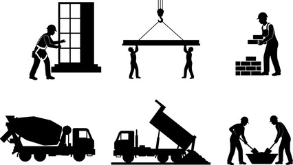 Construction workers and machinery silhouettes showing crane lifting, bricklaying, dump truck unloading, concrete pouring, teamwork, and industrial labor illustration © uzzala