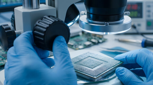 Engineer inspecting semiconductor chip with microscope | Microelectronics manufacturing quality control | Hands in blue gloves working on CPU hardware | Advanced electronics engineering lab research