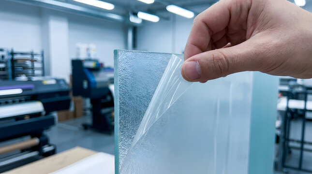 Peeling protective film from acrylic glass | Close-up of worker removing plastic wrap from textured panel | Industrial printing production process | Hand removing transparent layer from plexiglass