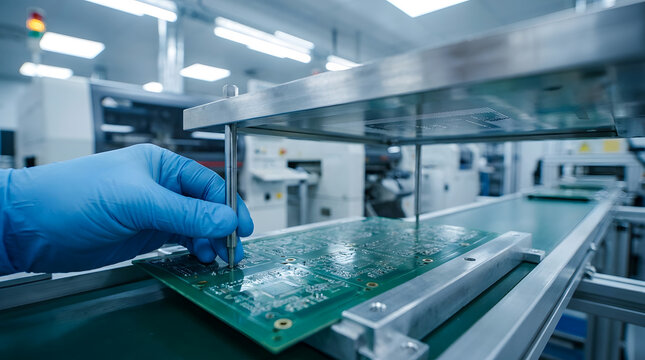 Electronics manufacturing process PCB assembly | manual quality control electronics factory | gloved hand working on circuit board | surface mount technology production