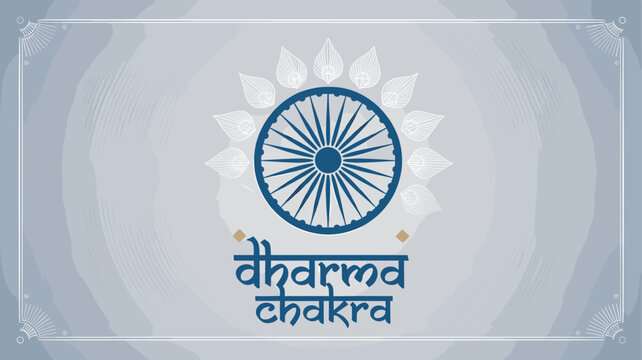 The Dharma Chakra, a symbol of righteousness and cosmic order, is depicted with intricate detail against a soft, textured background.