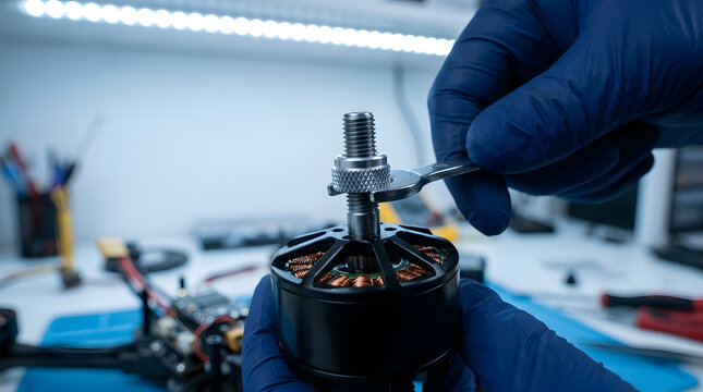 assembling brushless drone motor | using wrench on propeller adapter | FPV drone repair and maintenance | gloved hands working on hardware | high torque motor assembly