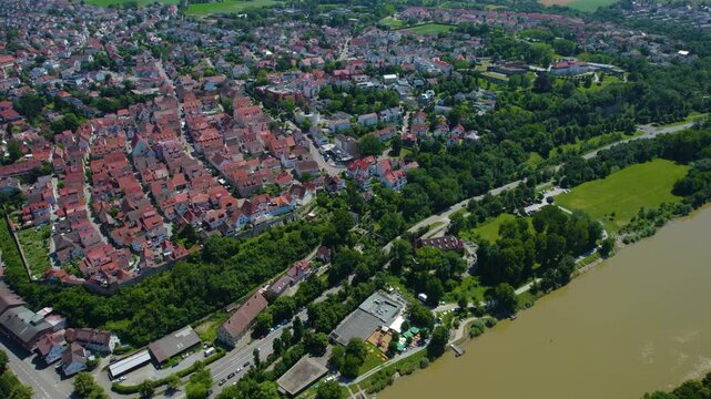 Aerial view of the old part of the town in Marbach am Neckar in Germany. On sunny day in spring.