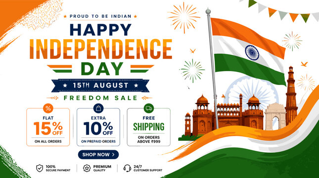 Happy Independence Day India Freedom Sale with 15% off, extra 10% off, and free shipping, featuring the Indian flag and historical monuments.