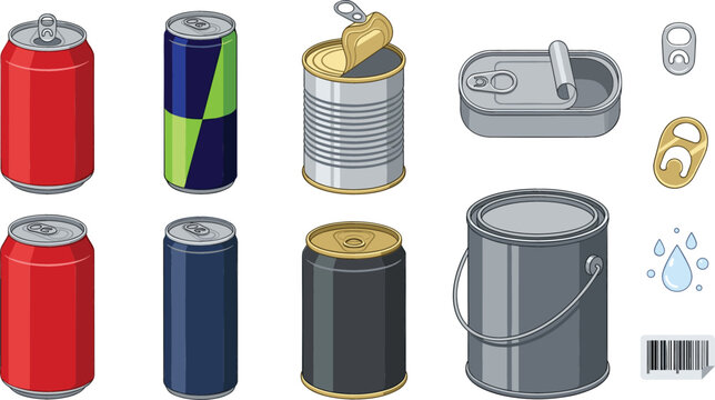Metal Can and Packaging Collection Vector Illustration Featuring Beverage Cans Food Tin Containers and Pull Tab Elements