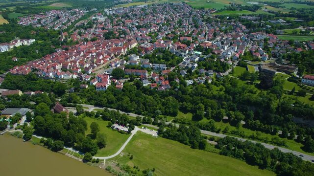Aerial view of the old part of the town in Marbach am Neckar in Germany. On sunny day in spring.