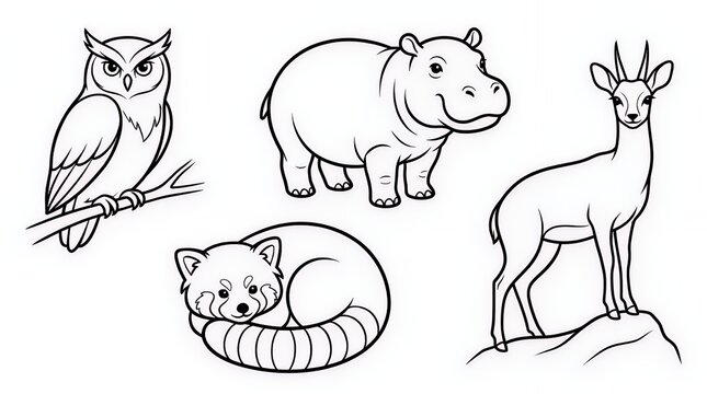 Animals are depicted in this charming collection of simple black and white line art perfect for a childrens coloring page The set includes an owl perched on a branch a happy hippo a graceful gazelle a