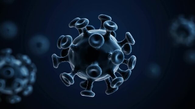 Microscopic view of a virus cell floating in a dark blue environment. 3D animation of a contagious pathogen microorganism. Science and virology concept