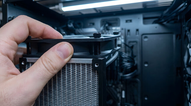 Installing AIO radiator fan in computer case | PC hardware assembly and liquid cooling setup | Hand mounting fan onto cpu liquid cooler radiator | Custom gaming PC building process
