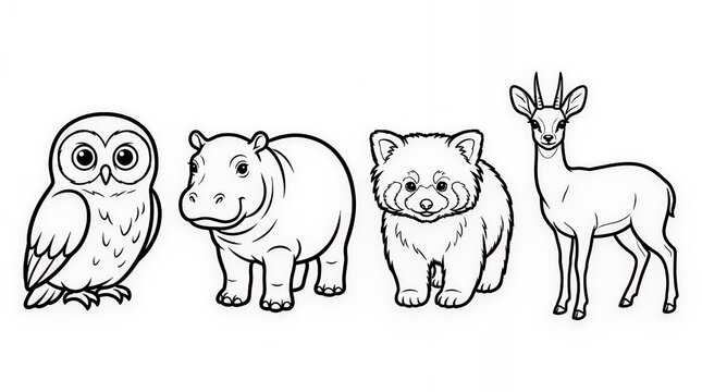 Animals line art perfect for a childrens coloring book This charming collection features an owl a smiling hippo a red panda and a gazelle all rendered in a simple friendly style on a clean white backg