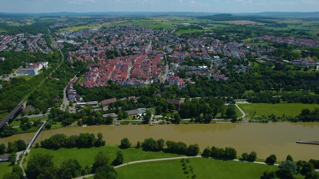 Aerial view of the old part of the town in Marbach am Neckar in Germany. On sunny day in spring.