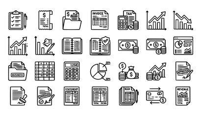 Fototapeta premium Editable Stroke Financial Report Vector Line Icons with Audit Accounting and Expense Documents
