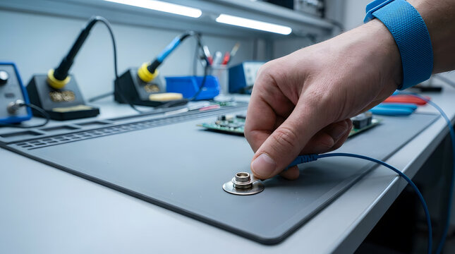 Anti-static grounding strap connection | ESD safe electronics repair workstation | Connecting grounding cord to ESD mat | Technician safety in electronics lab