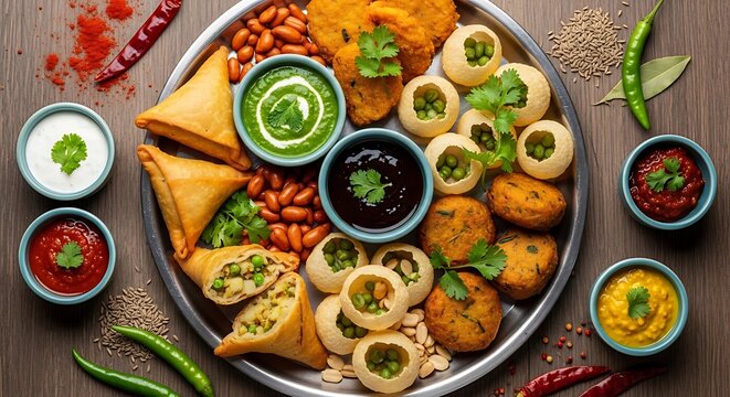 Traditional Indian street food platter with samosas, pani puri, and sauces