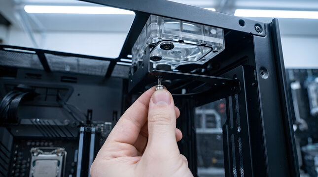 Custom PC water cooling installation | Installing pump reservoir bracket in computer case | Building high-end gaming PC | Close up of technician assembling computer hardware